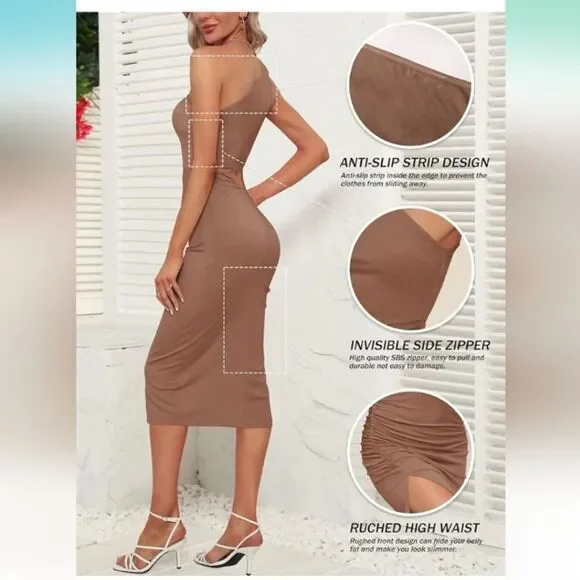 Sarin Mathews Tan One Shoulder Ruched Bodycon Midi Dress Size Large NWT - Picture 2 of 6